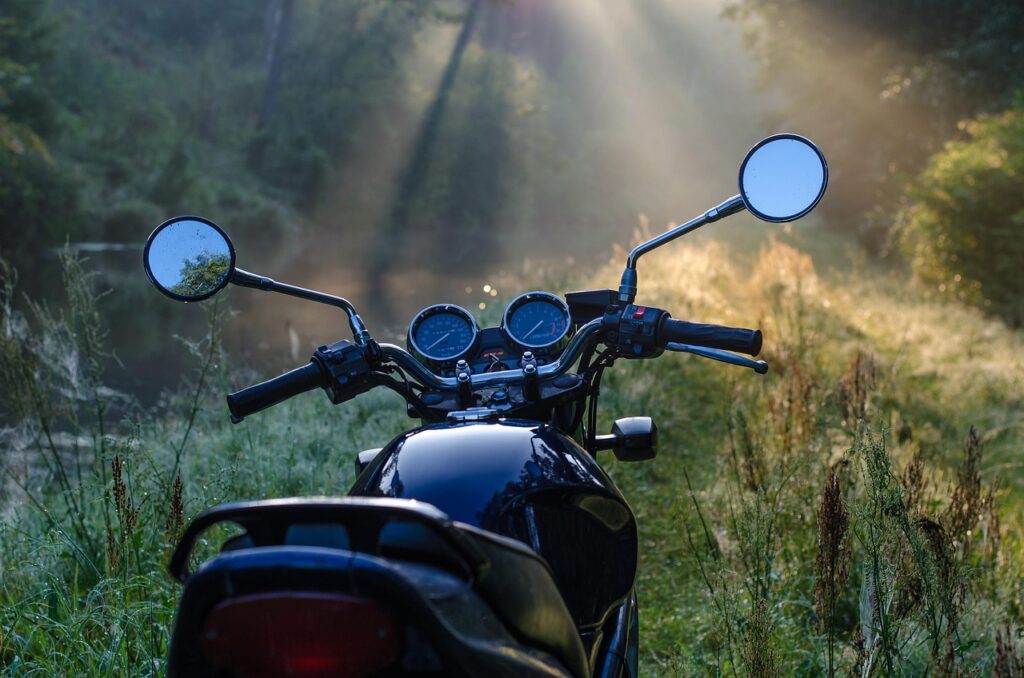motorcycle, morning, forest, nature, light, vehicle, engine